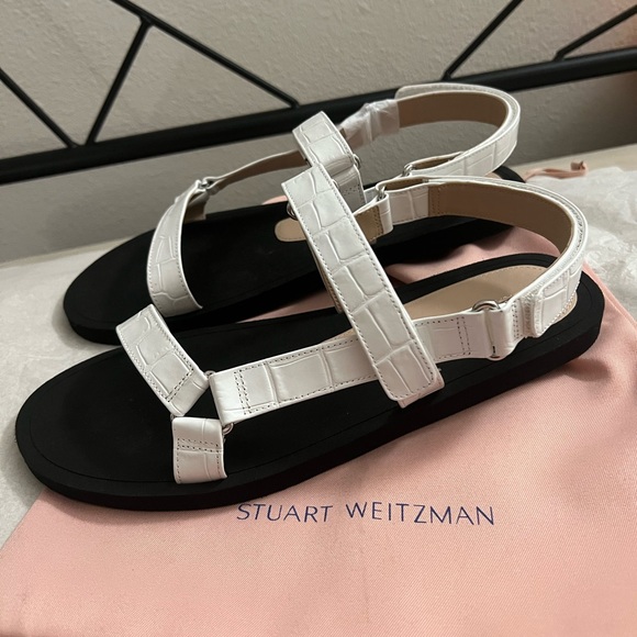 NEW Stuart Weitzman white and black leather croc sandals - Picture 7 of 12